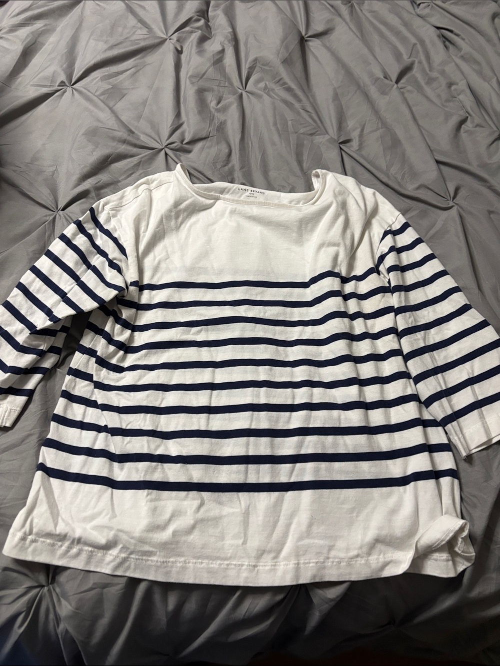 Lane Bryant White Boatneck Top with Navy Stripes